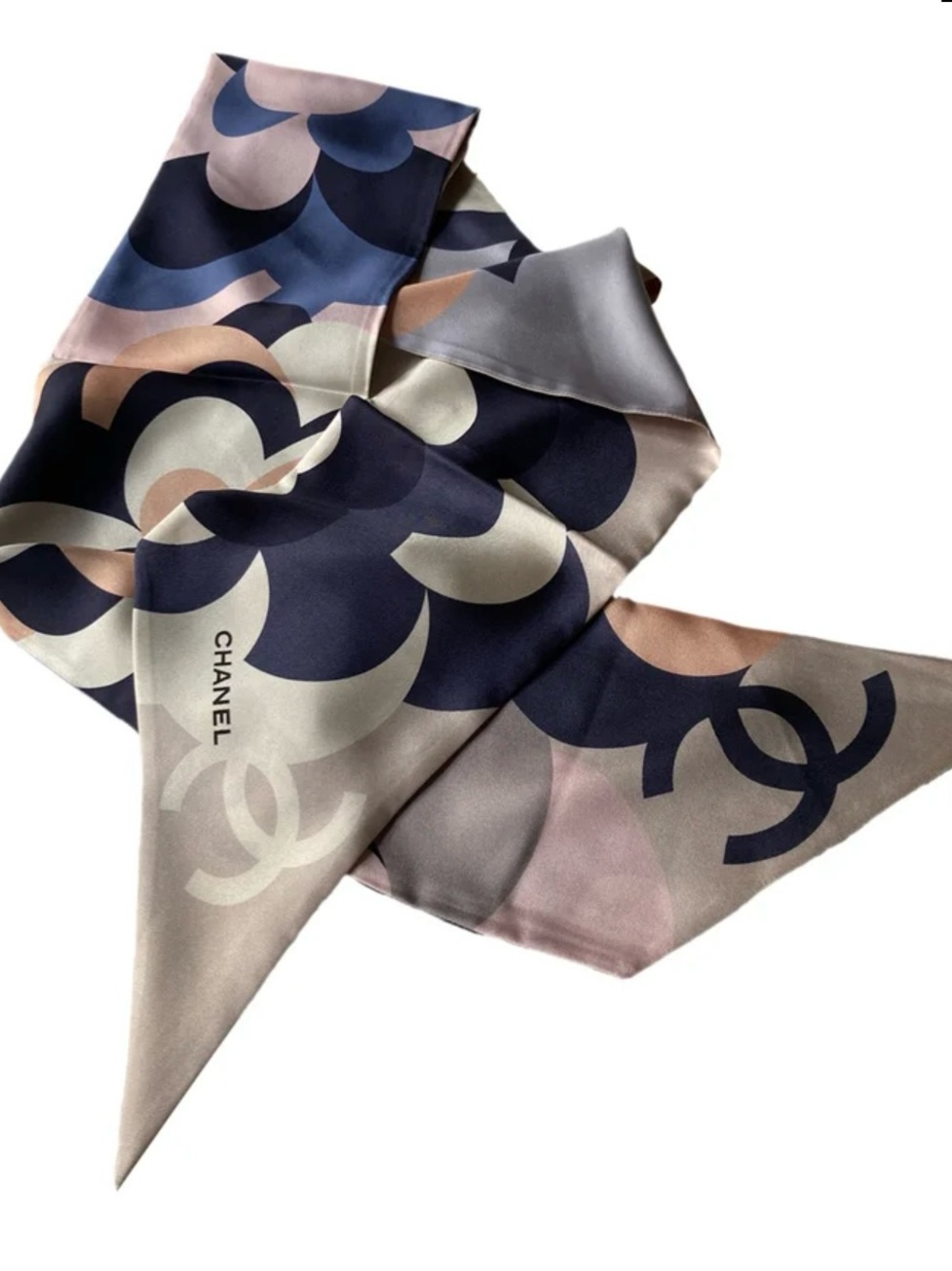 CHANEL Navy, Pink & Cream CC Motif Silk Scarf